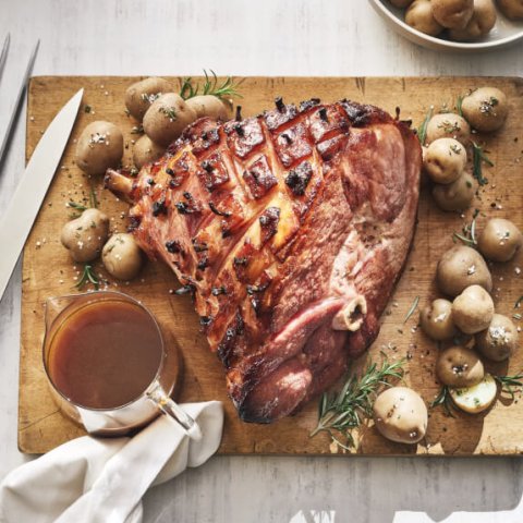 ham and potatoes on cutting board