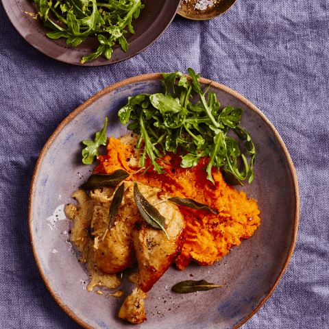 chicken leg on purple plate