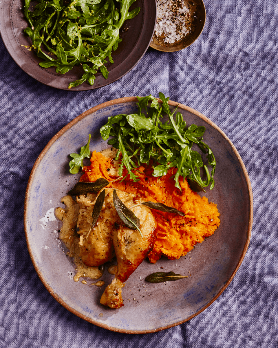 chicken leg on purple plate