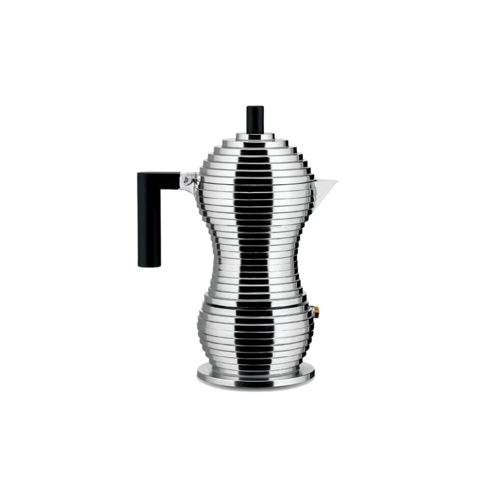 A silver Alessi espresso maker