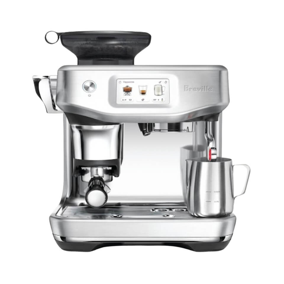 A silver Breville coffeemaker