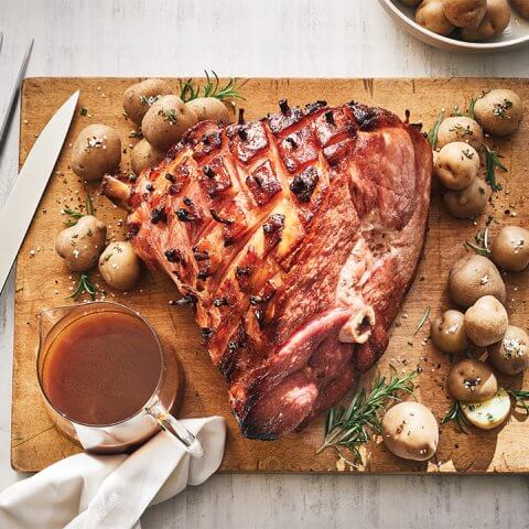 An oven-roasted ham with a maple and vanilla glaze