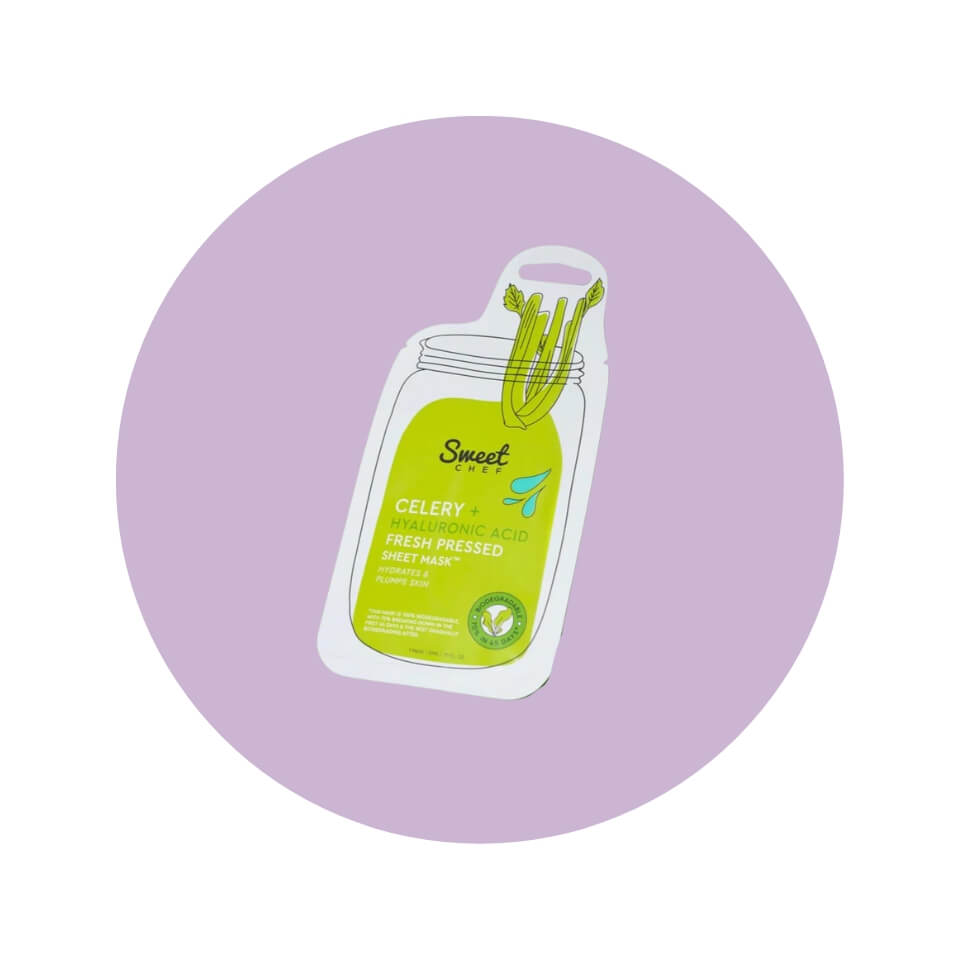 A small package shaped like a jar with celery sticks in it in a light purple circle