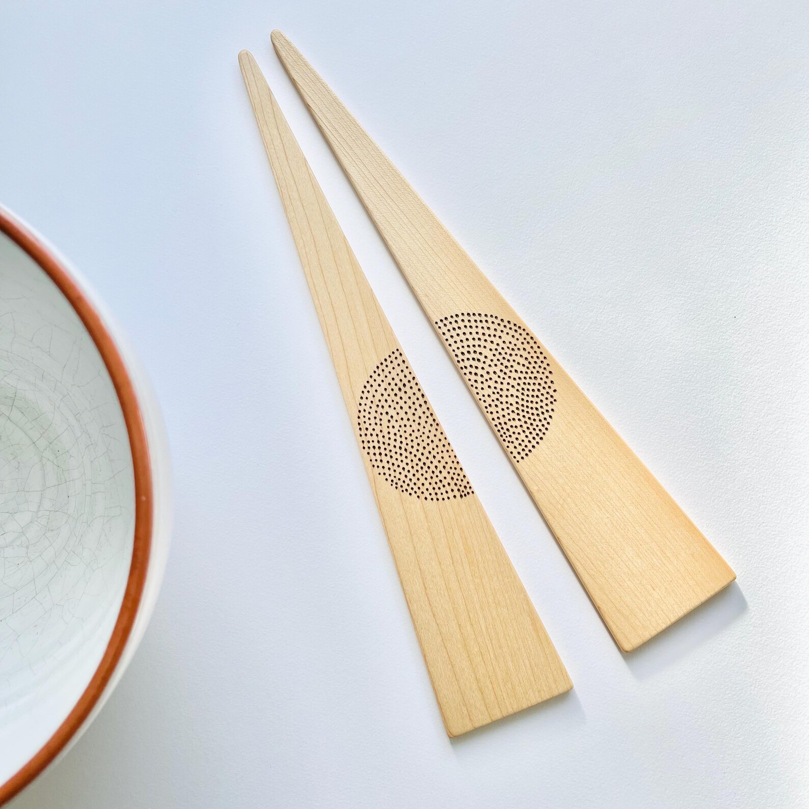 Handmade Salad servers with wood-burned pattern