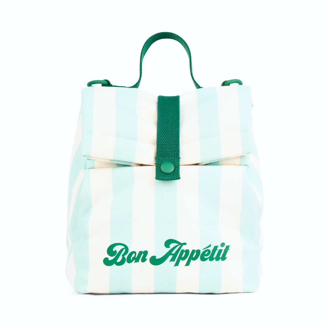 Turquoise and white striped cloth lunch bag with the words bon appetit