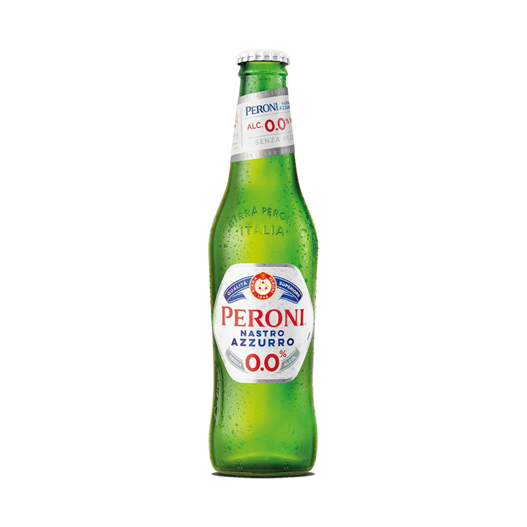 Clear green bottle of non-alcoholic beer with a white label. 