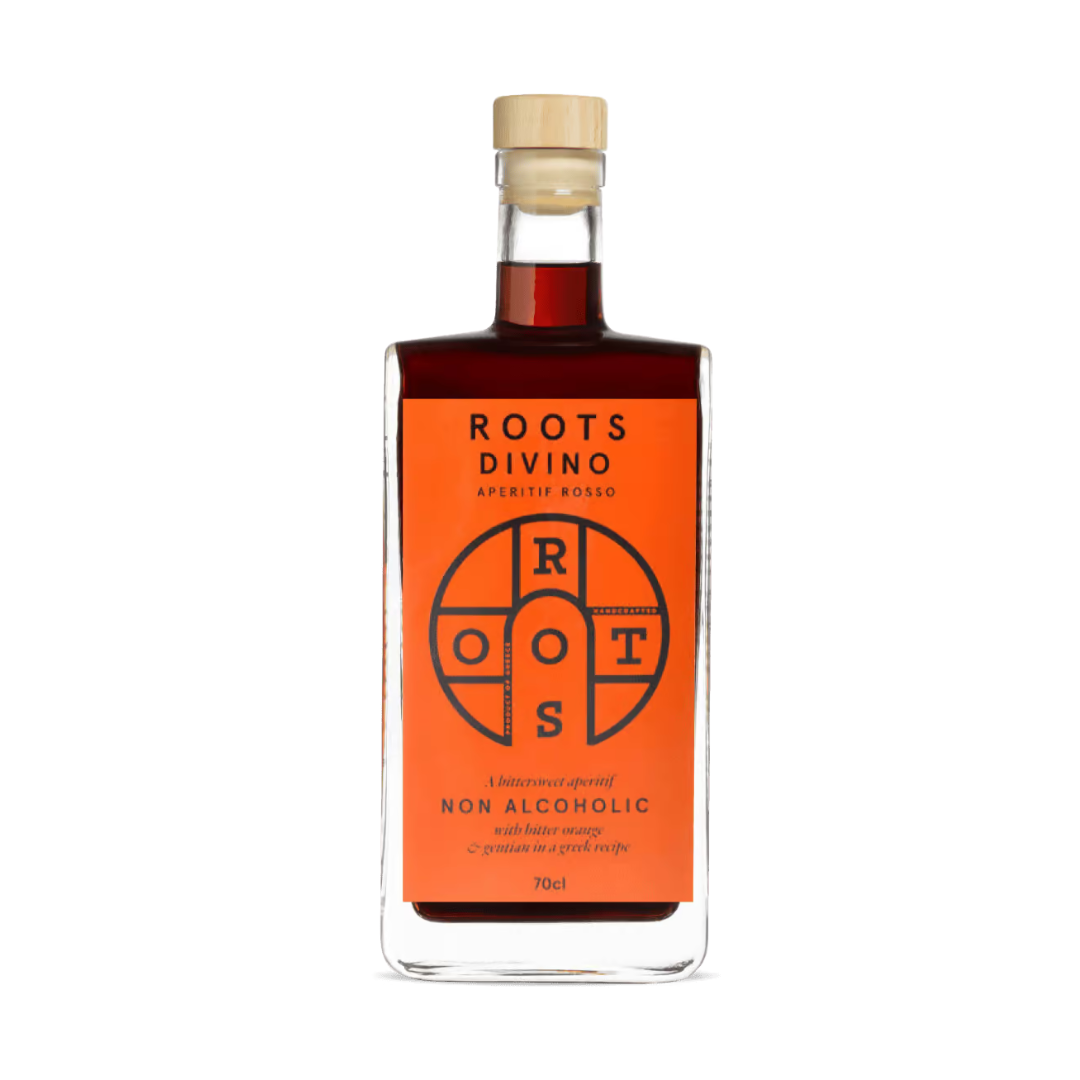 A clear bottle of a dark orange aperitif with an orange label and cork. 