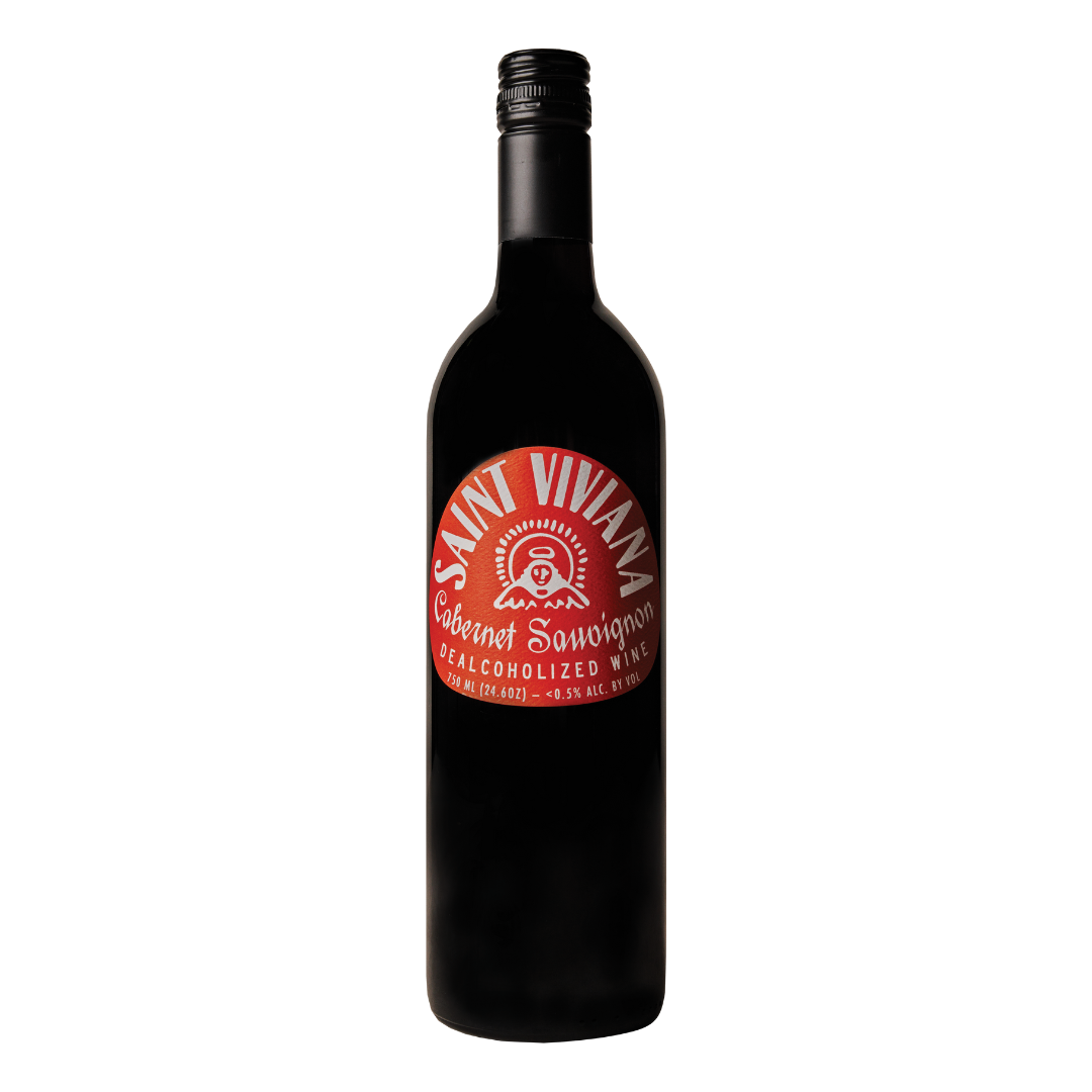 Black bottle of non-alcoholic wine with red label. 