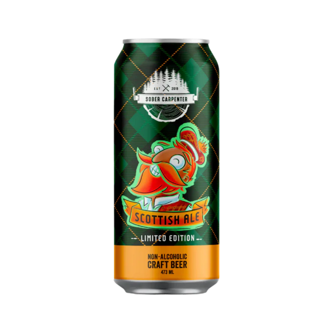 A green plaid tall can of non-alcoholic ale featuring a cartoon of a ginger bearded man. 