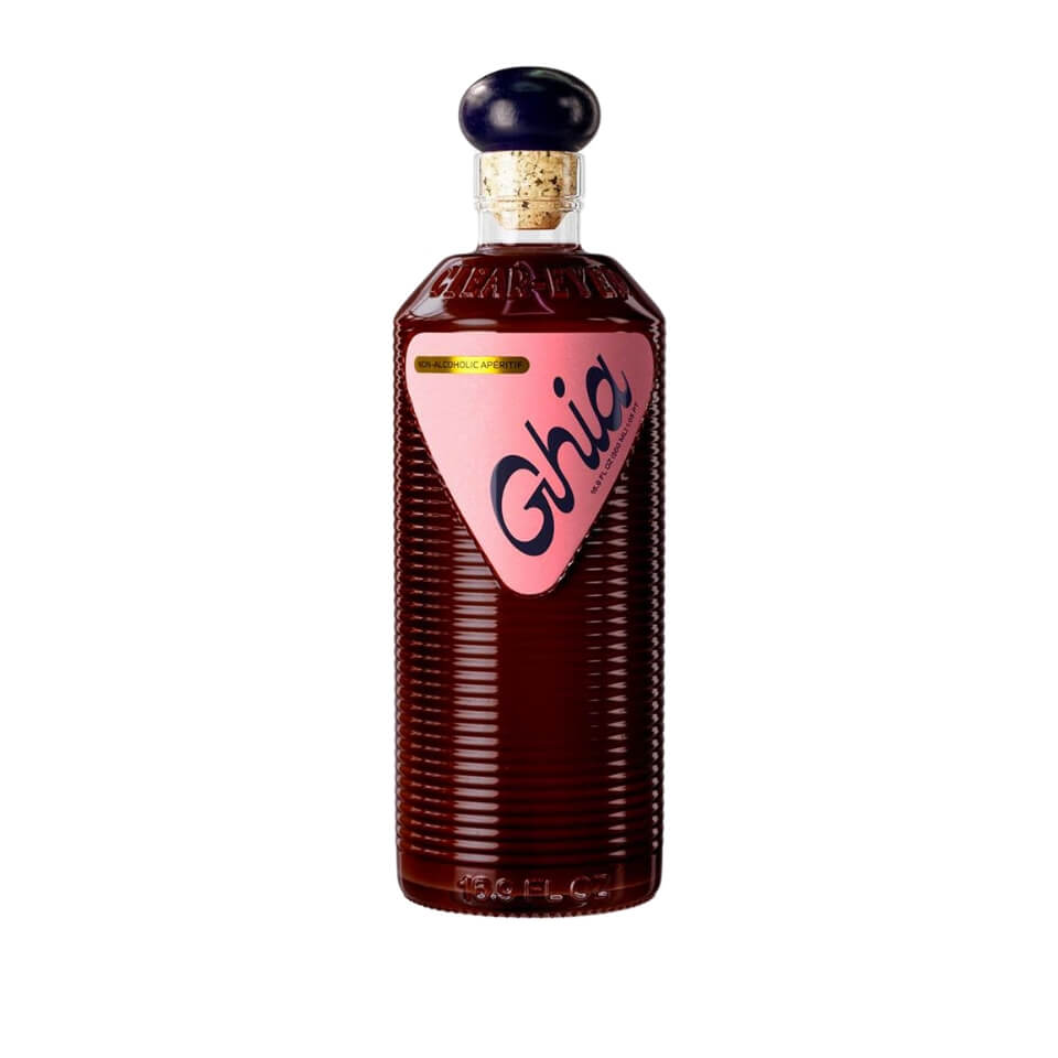 A dark red bottle with a pink label