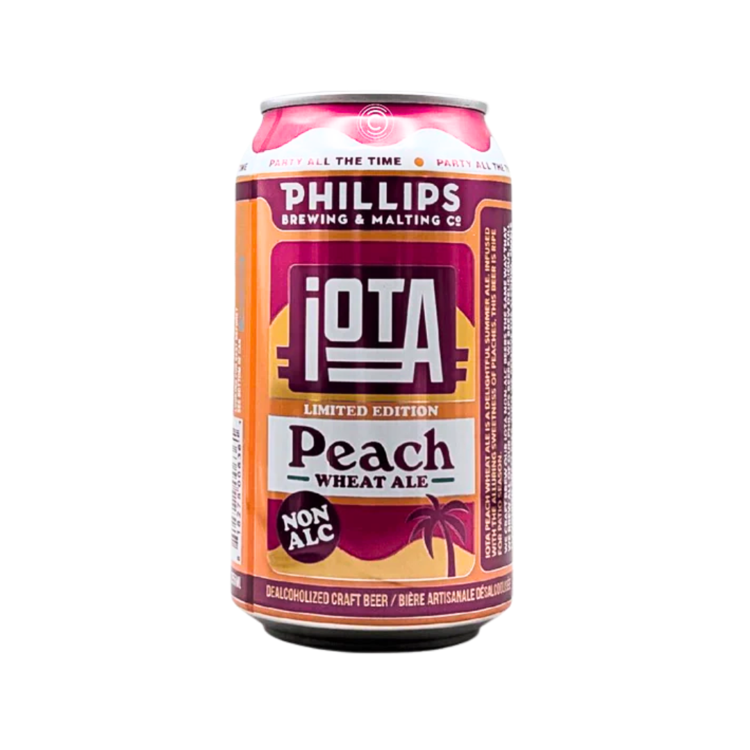 Orange and purple can of non-alcoholic peach wheat ale.