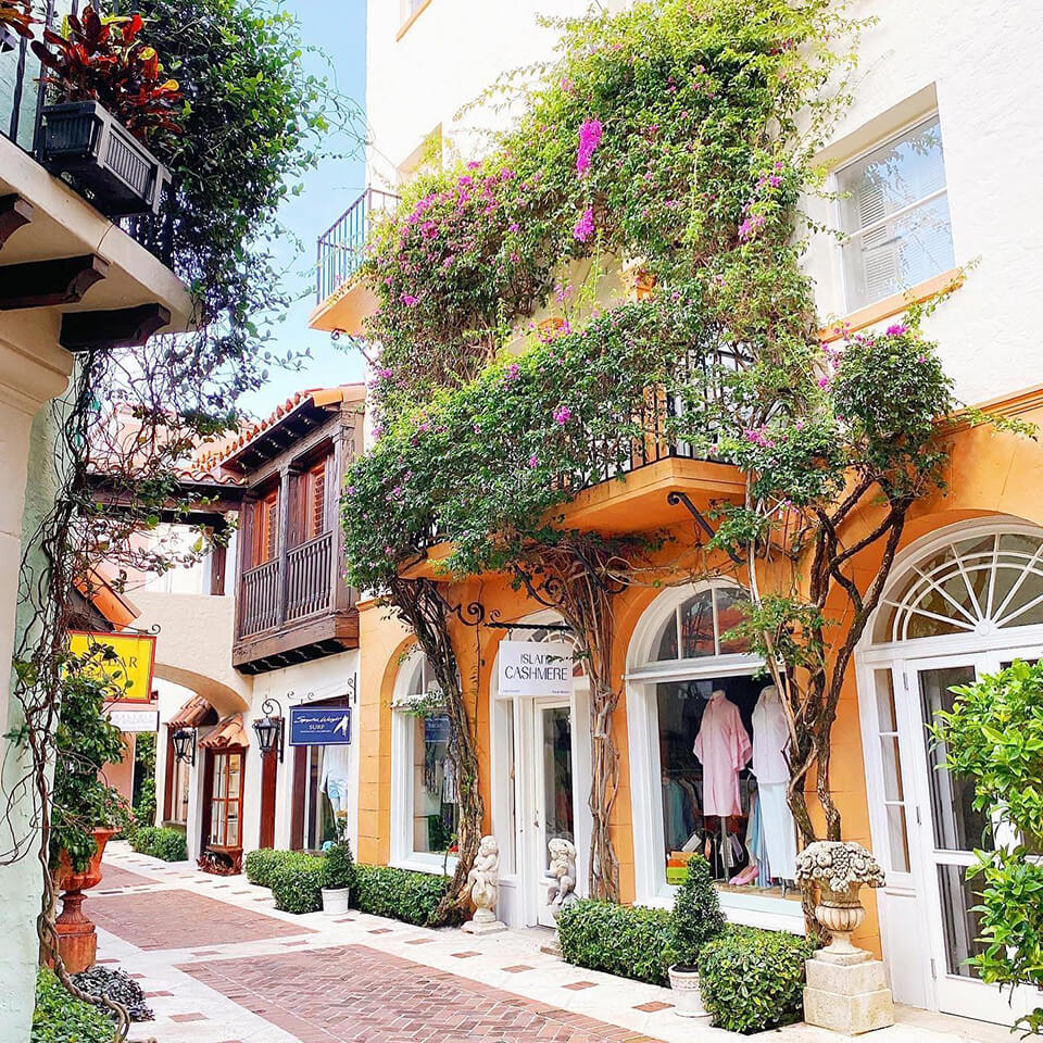 A walkway stroll through Palm Beach’s luxury shopping district, Worth Avenue.