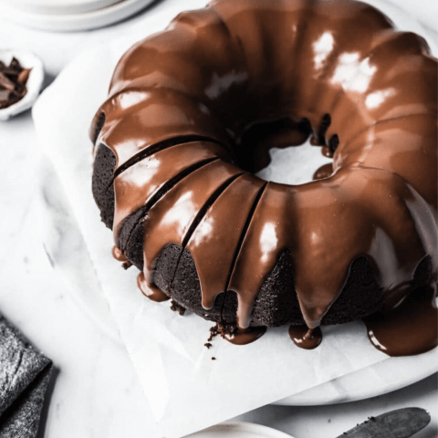 overhead shot of chocolate bundt cake