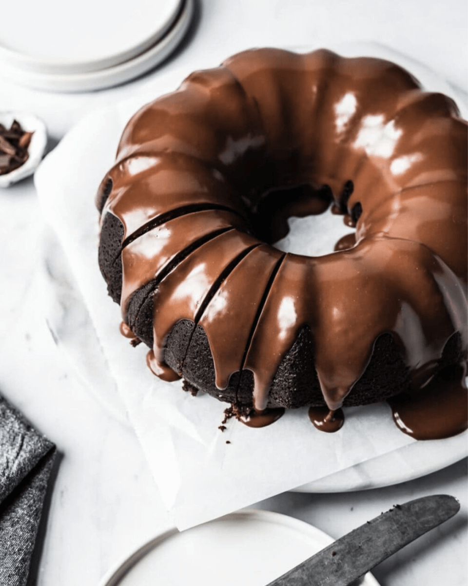 overhead shot of chocolate bundt cake