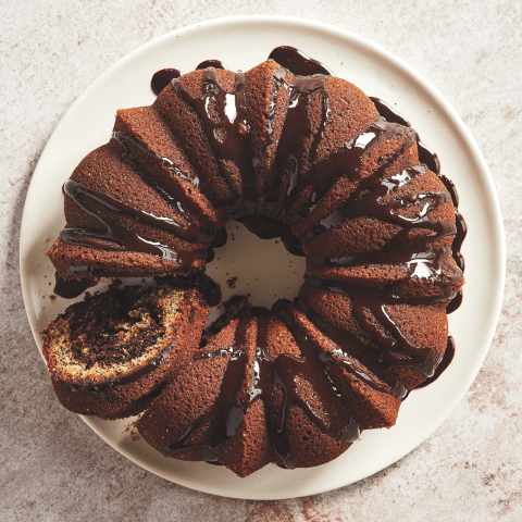chocolate bundt cake overhead image