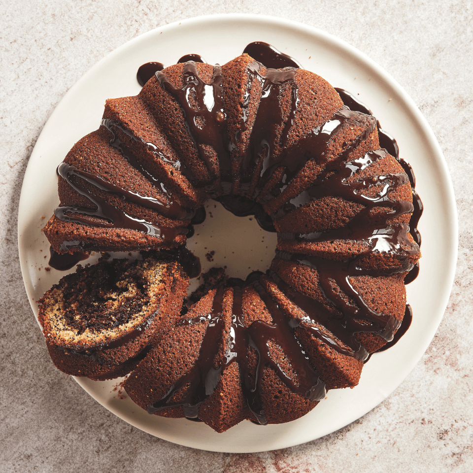 chocolate bundt cake overhead image