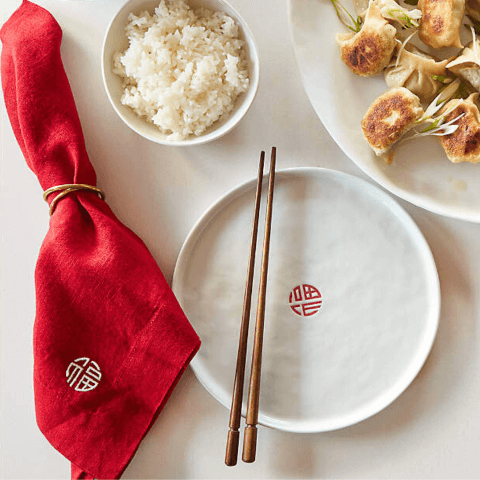 overhead table-setting with red napkin