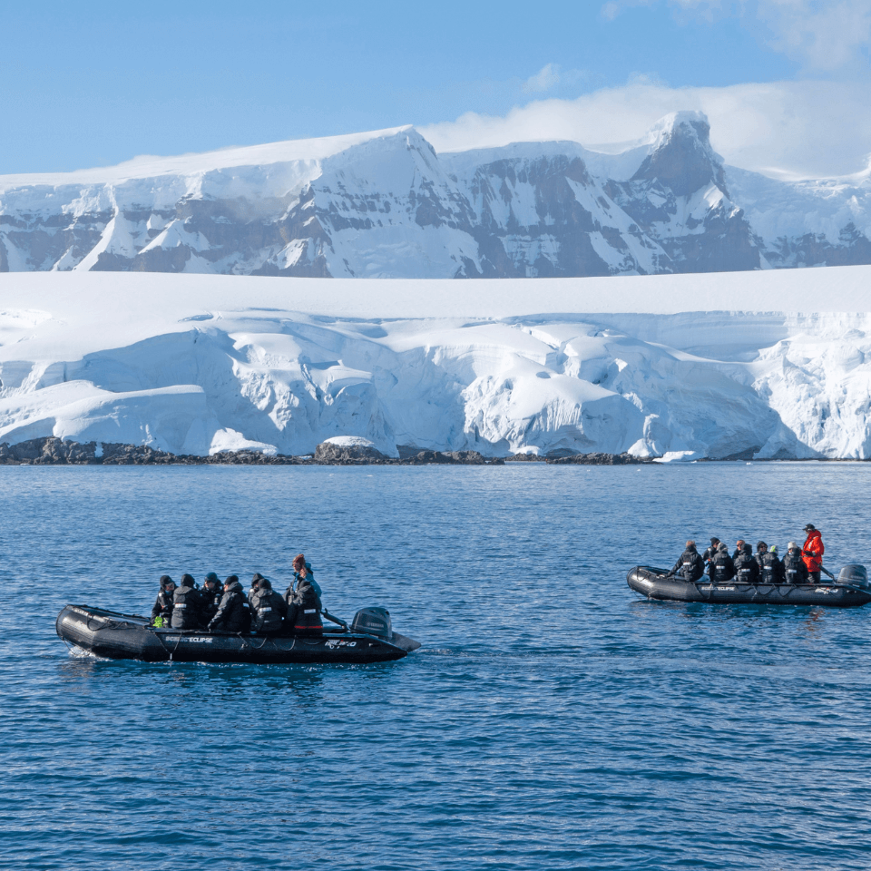 two zodiacs in antarctica