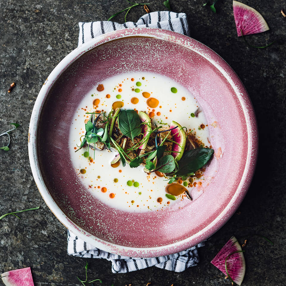 A dish with tuna in coconut broth