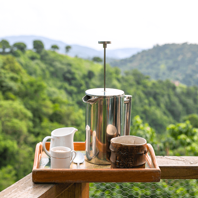 coffee press and mug with mountain background
