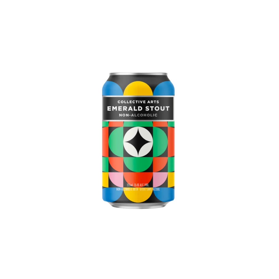 A black can with a pattern in jewel tones and a band around the top reading "Collective Arts Emerald Stout Non-Alcoholic"