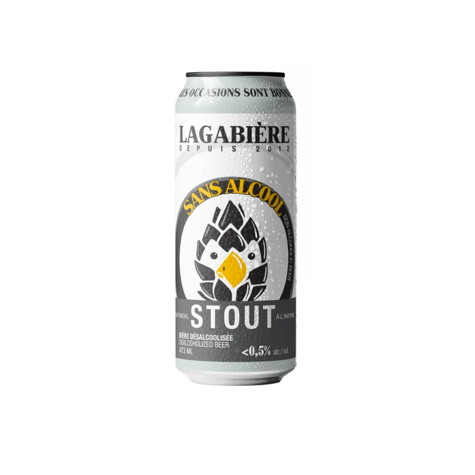A white tall can with the word "stout" in all caps and an illustration of hops with "sans alcool" written in yellow on a banner over it
