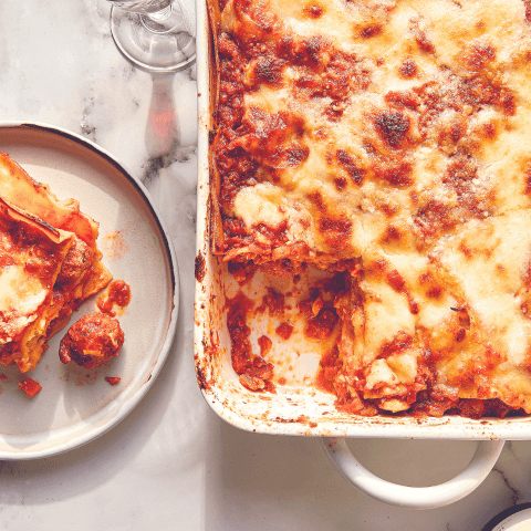 overhead image of lasagne and dish of meatball lasagna