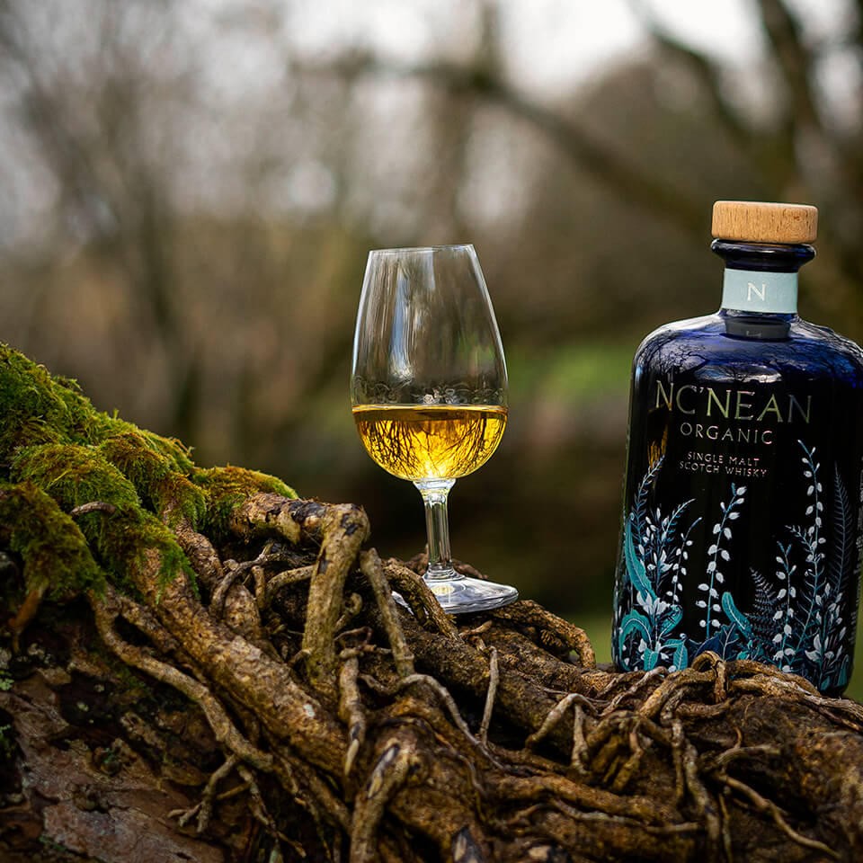 A glass of whisky resting on tree roots with a blue bottle next to it