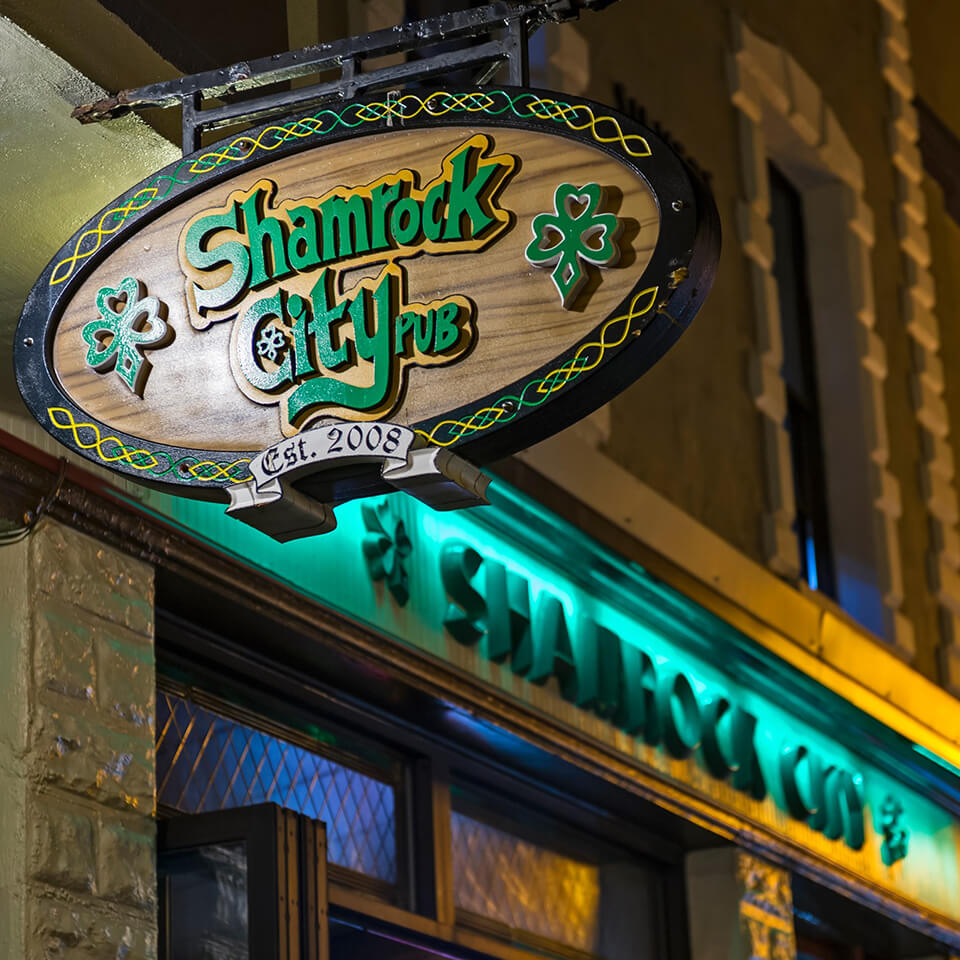 The outdoor sign for the Shamrock City Pub in Newfoundland 