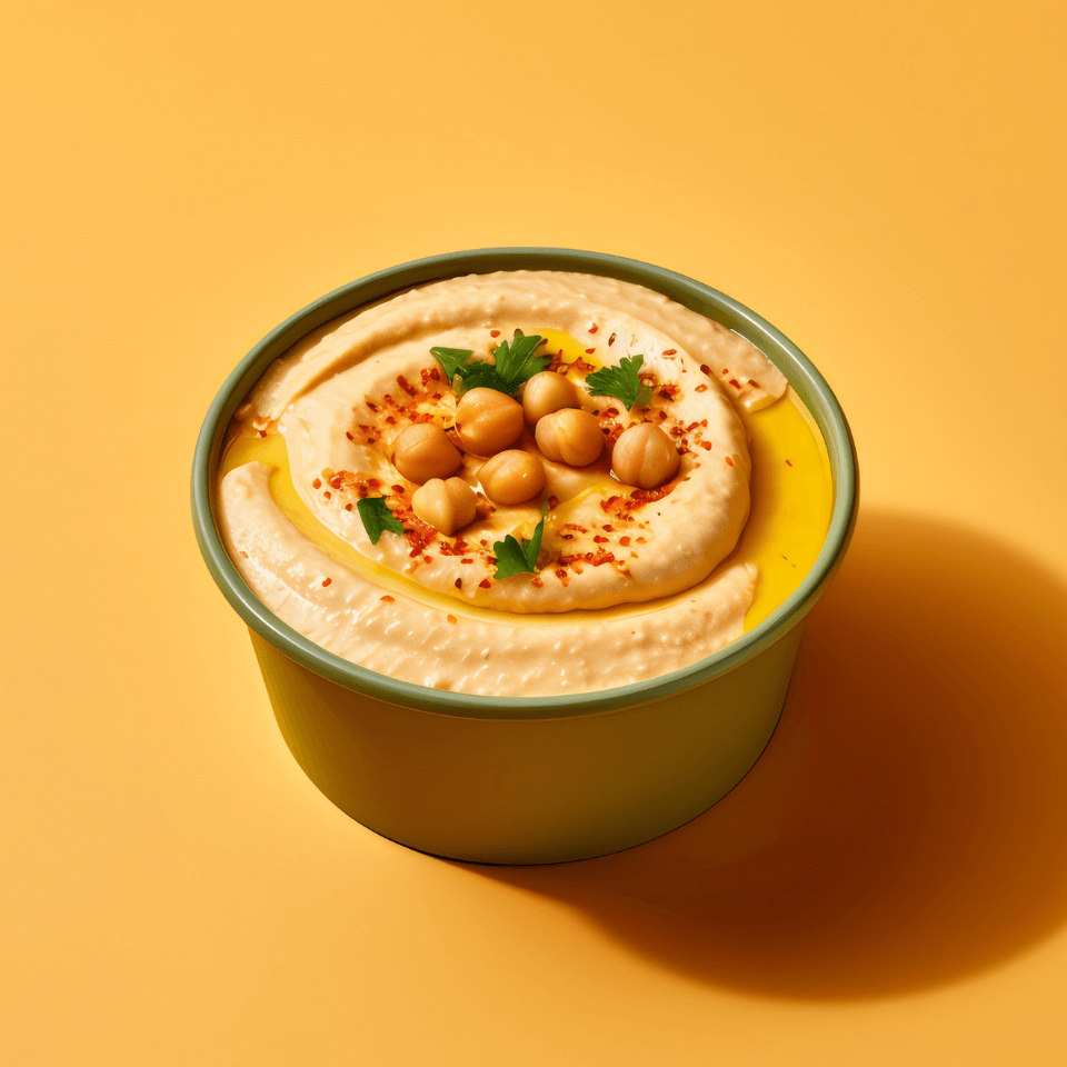 tub of hummus on yellow backgrounf