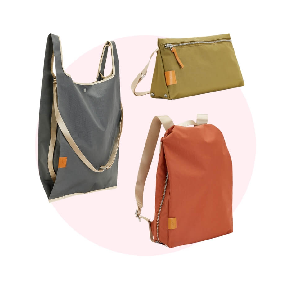 Three bags over a light pink circle