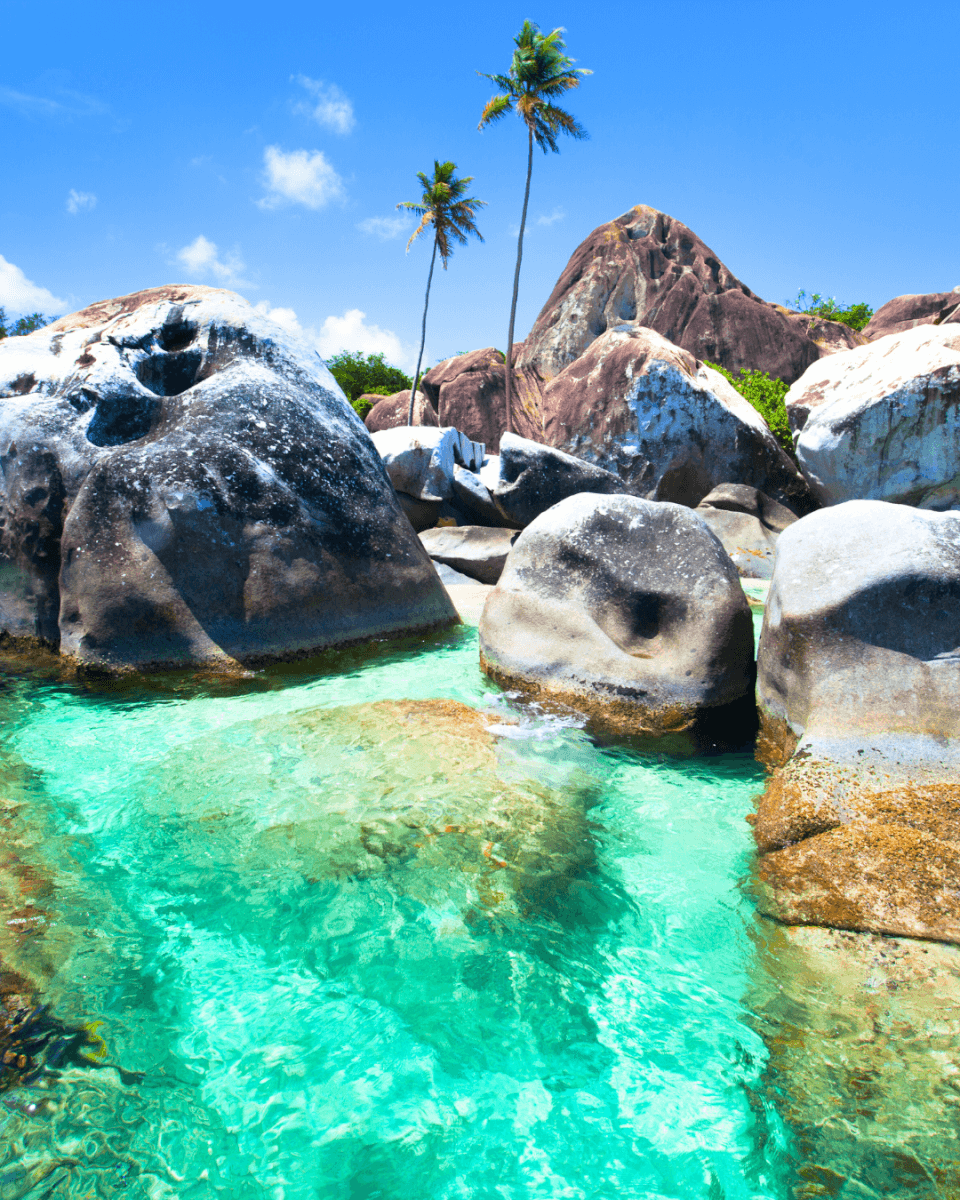 Large boulders at edge of turquoise water
