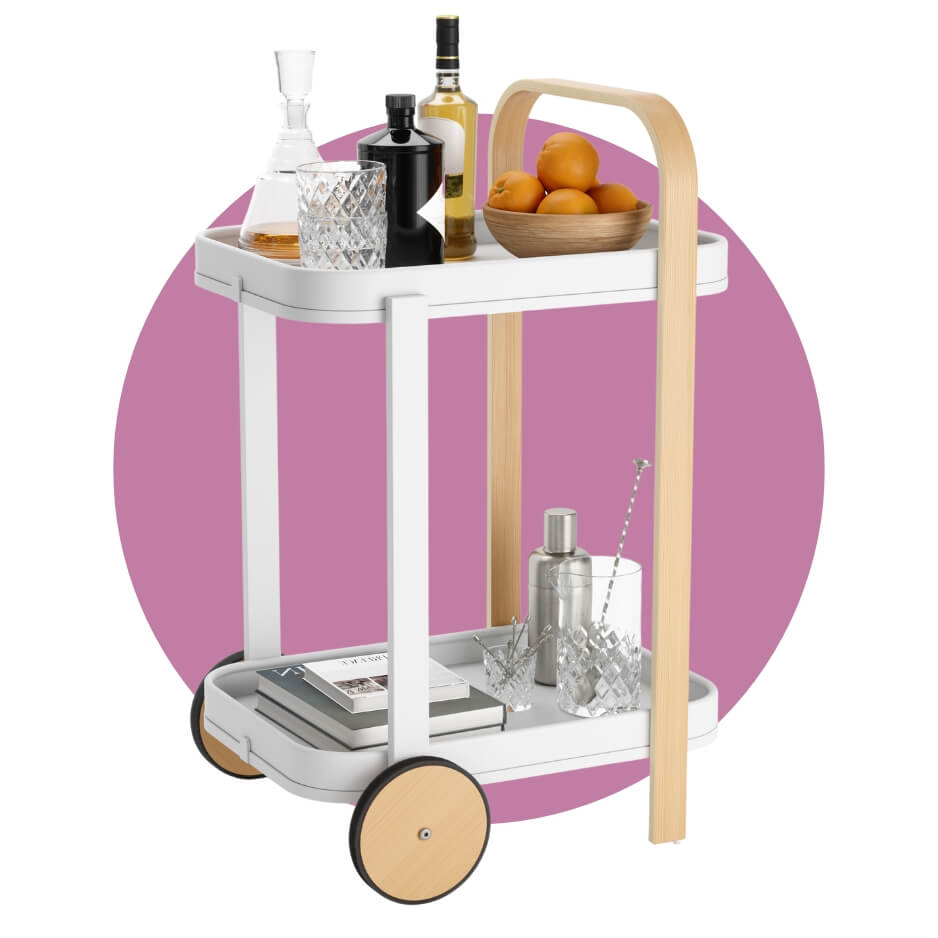 A white and light-wood bar card over a purple circle