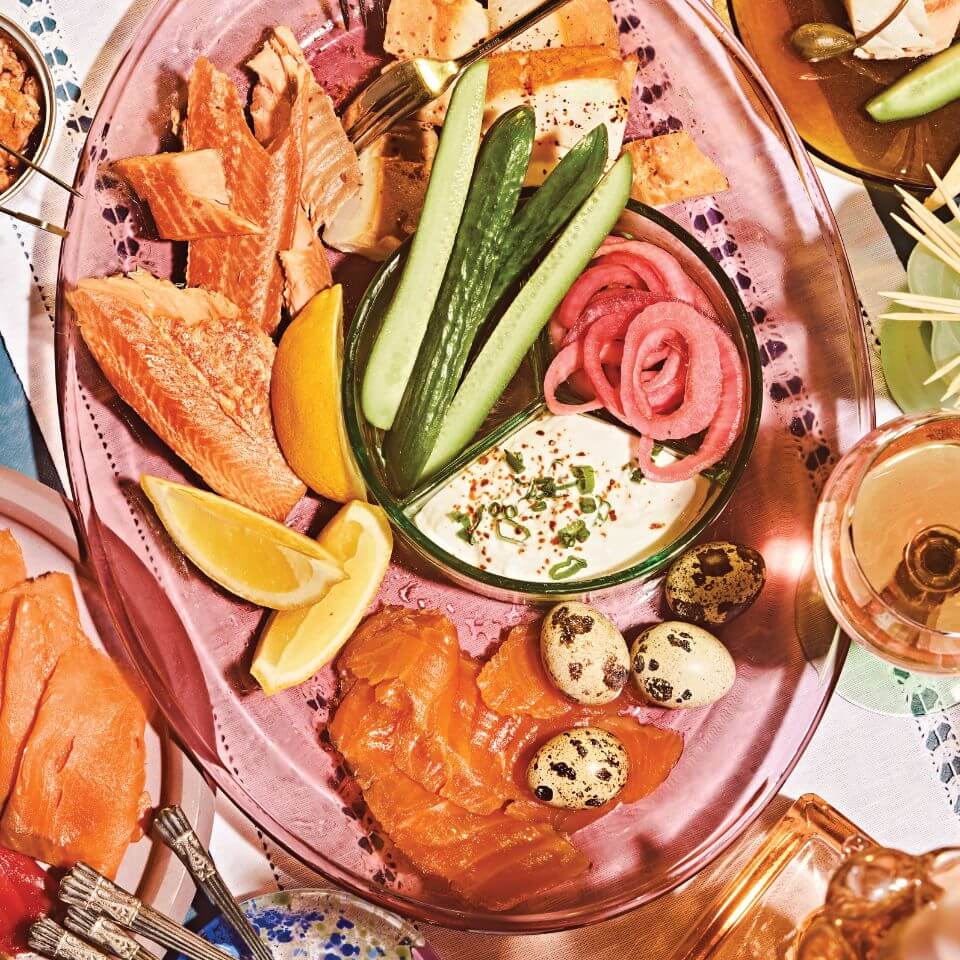 A platter with seafood and vegetables