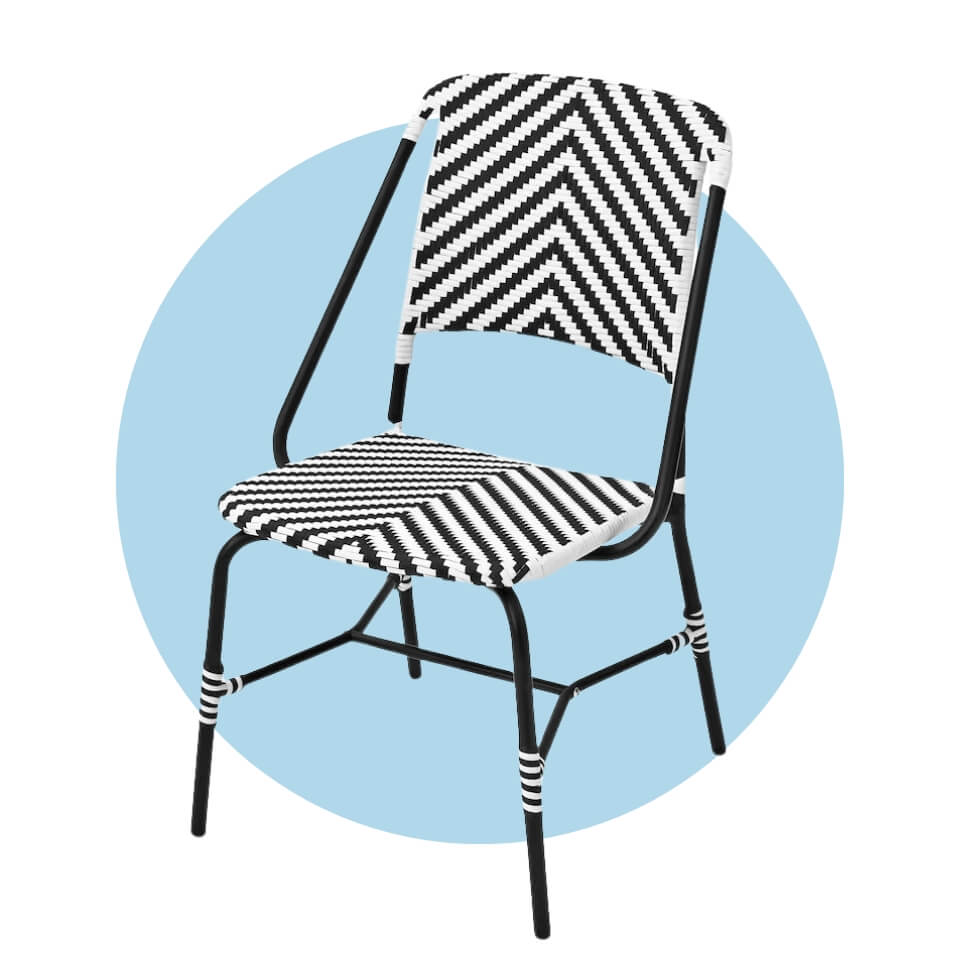 A black and white chair over a light blue circle