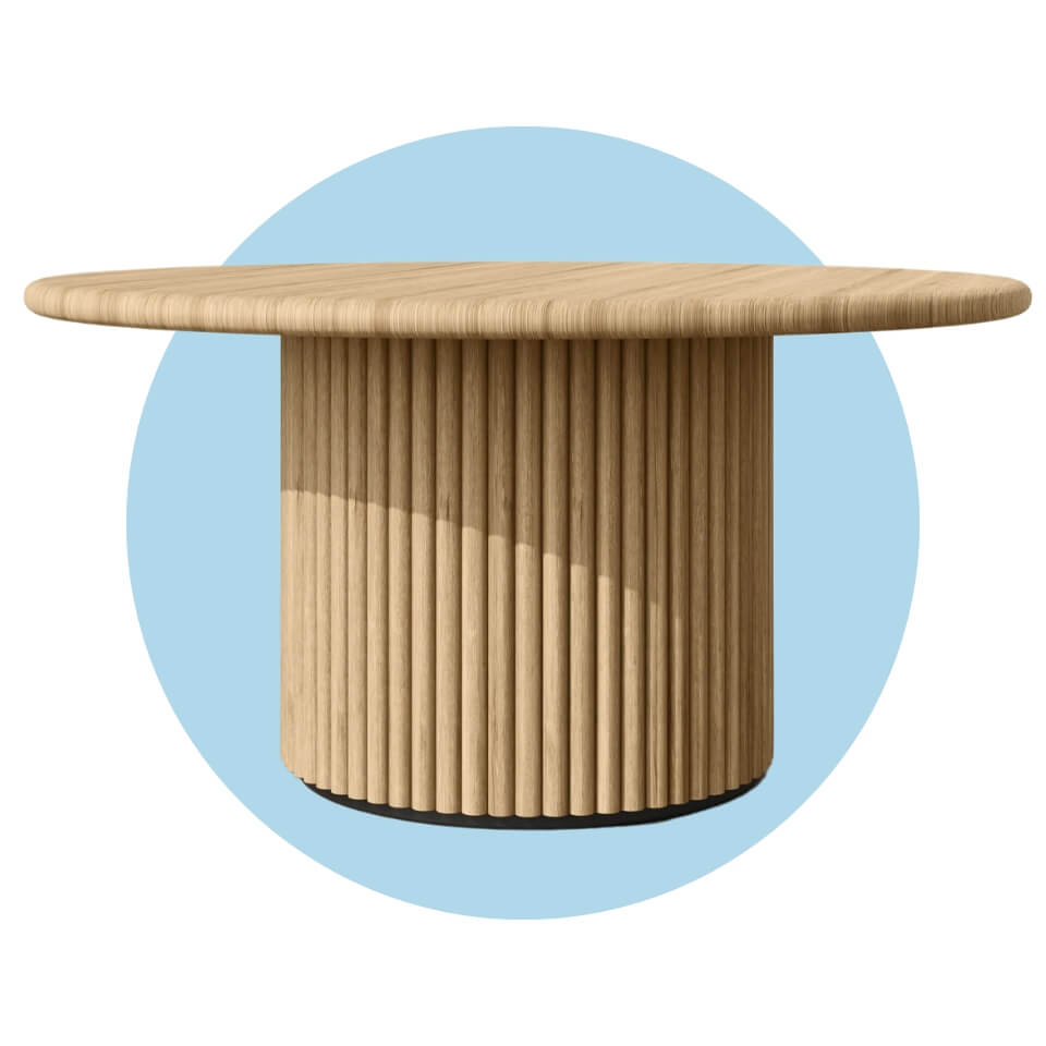 A wooden table with a fluted circular base over a light blue circle