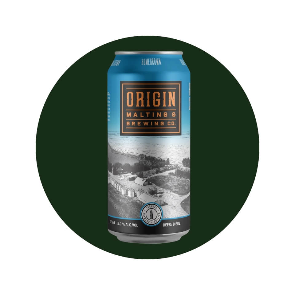 A beer can in a dark green circle