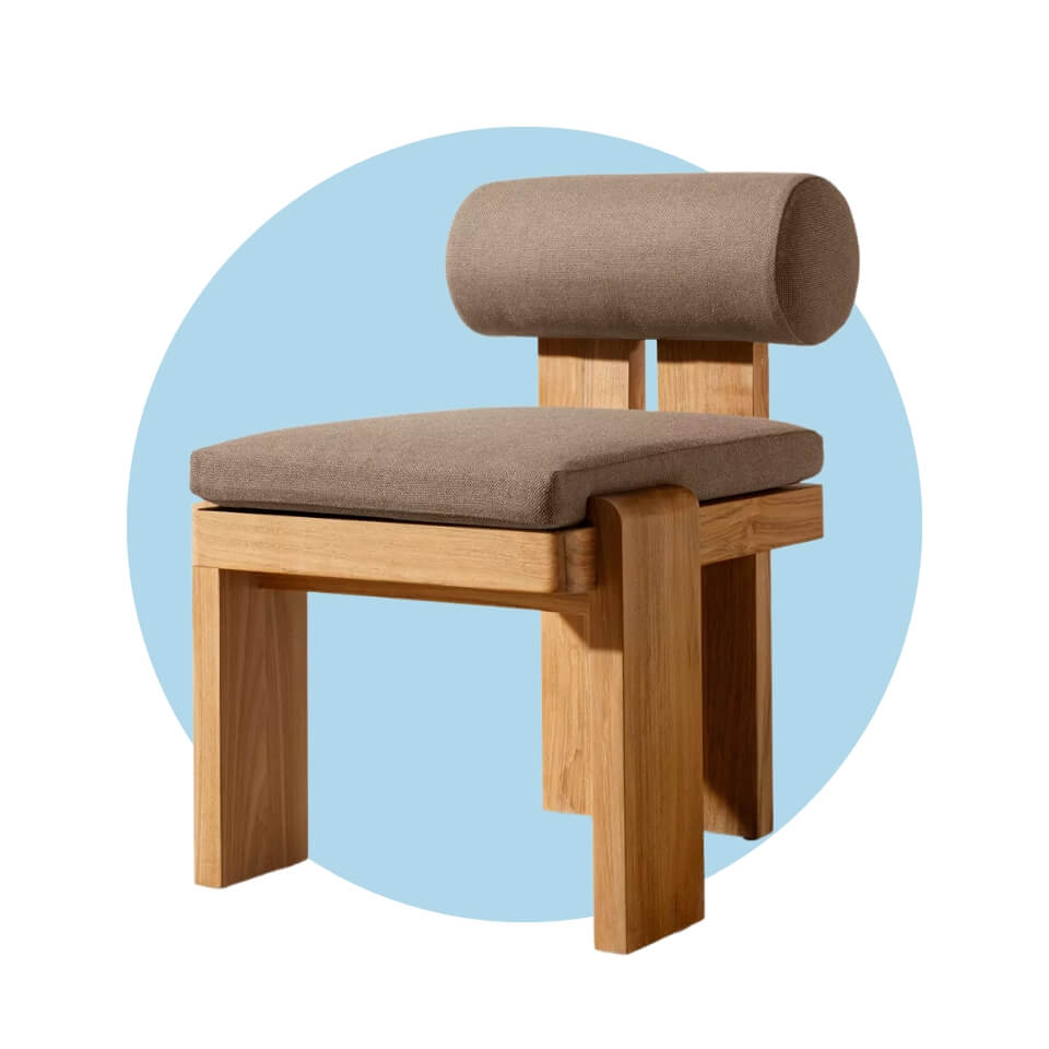 A teak chair with brown cushions over a light blue circle