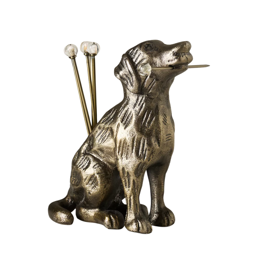Dog-shaped aluminum cocktail pick holder. 