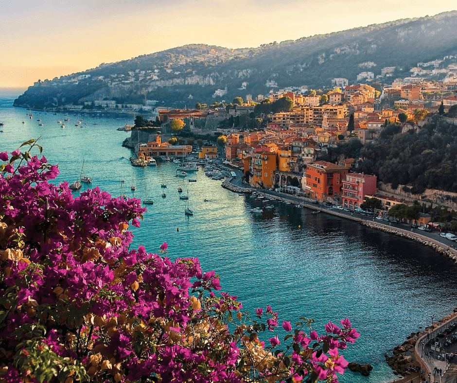 aerial scenery with ocean and historic european town