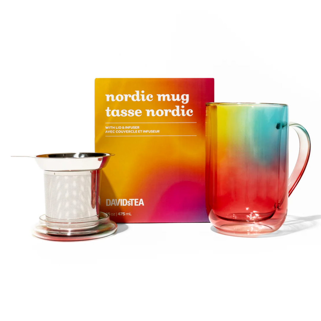 Rainbow double-walled mug with a silver strainer and box. 