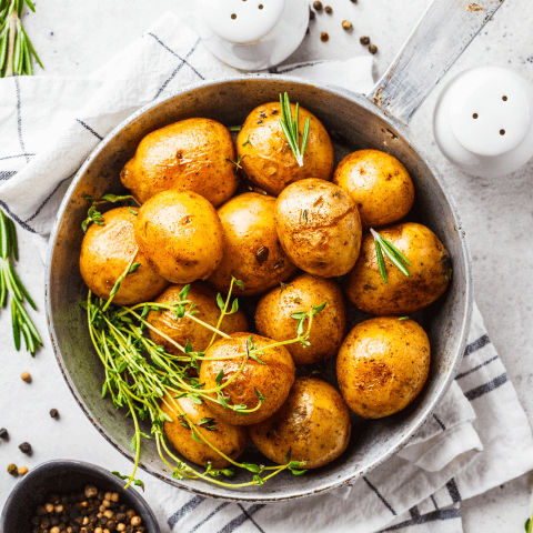 roasted mini potatoes in skillet