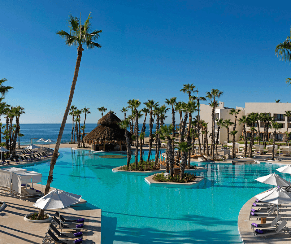 Tropical poolside scene at Paradisus Los Cabos, Mexico