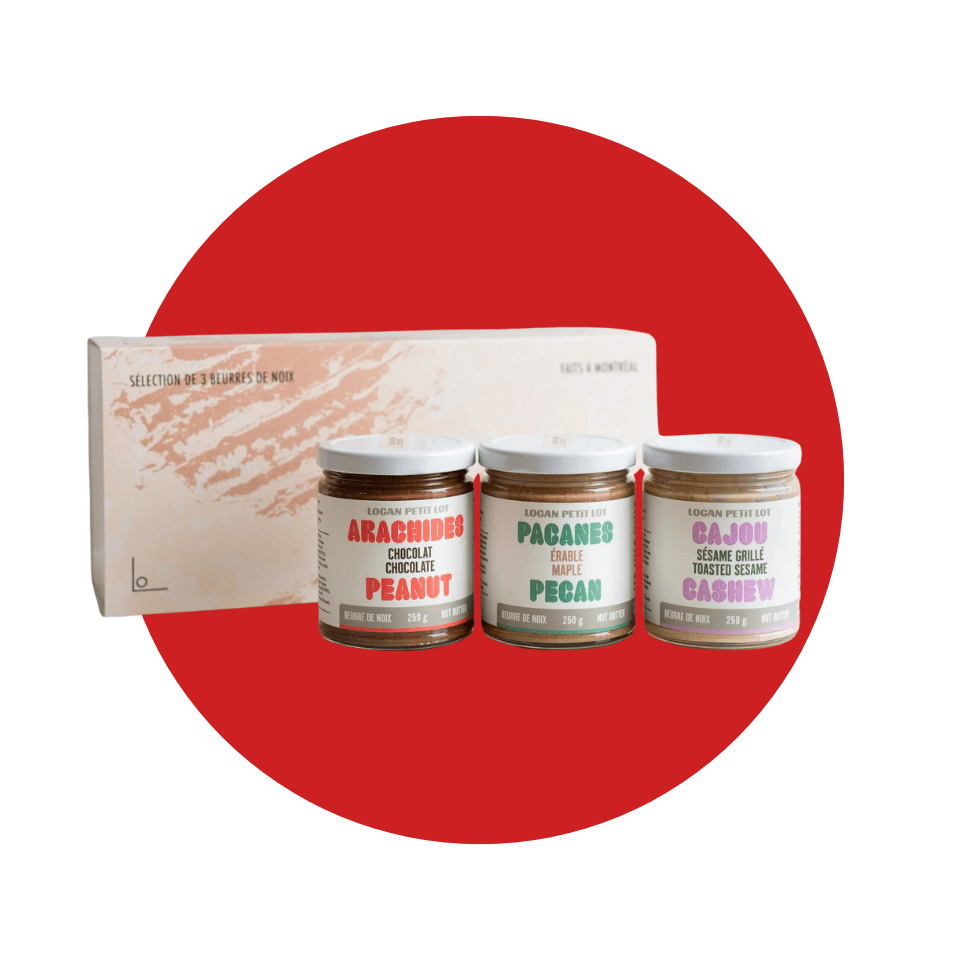 Jars of nut butter and a gift box over a red circle