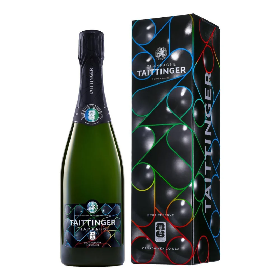 Green bottle of champagne next to a black collector's box.