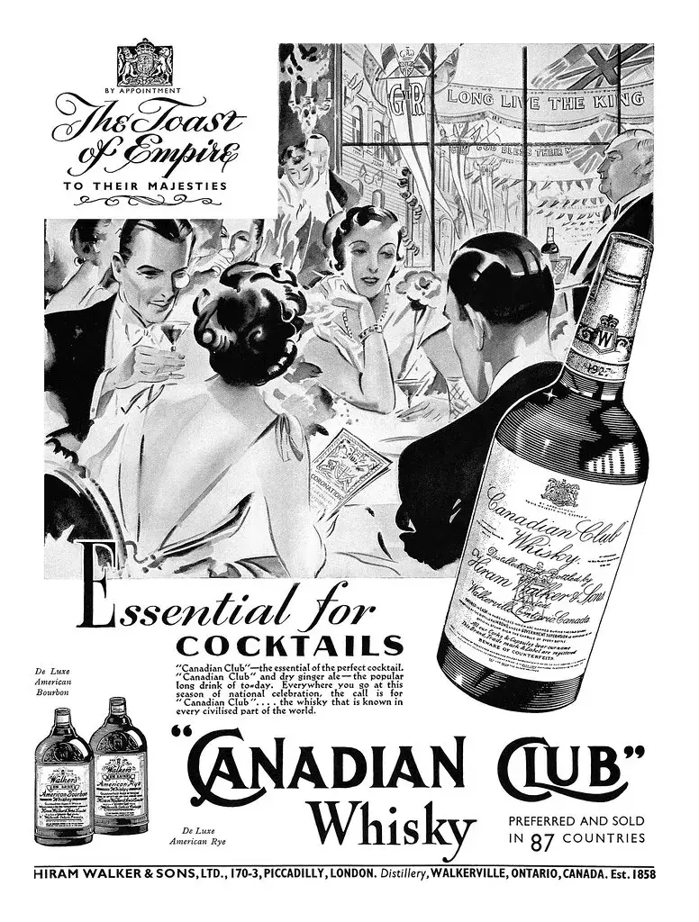 A vintage advertisement for Canadian Club whisky that references that it is the toast of empire