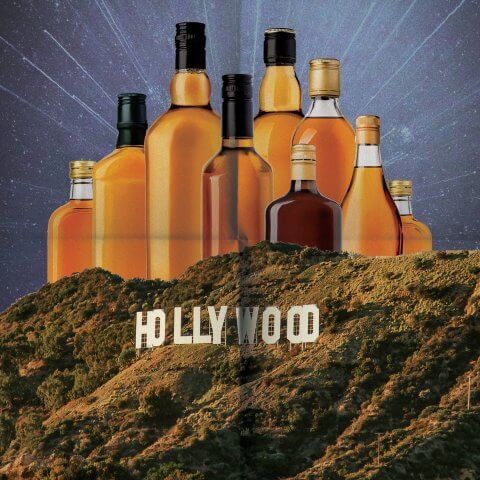 Illustration of spirit bottles looming over the hollywood hills