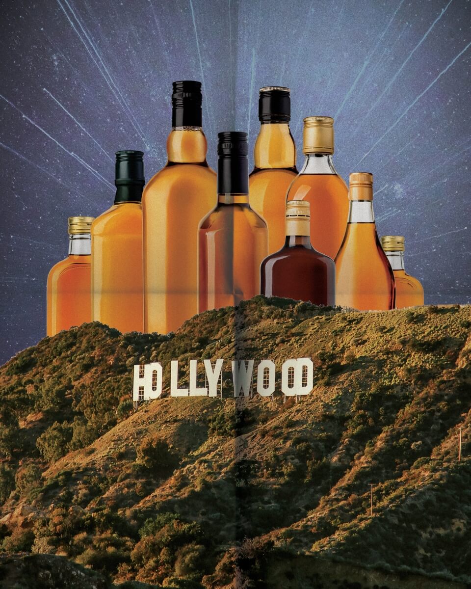 Illustration of spirit bottles looming over the hollywood hills