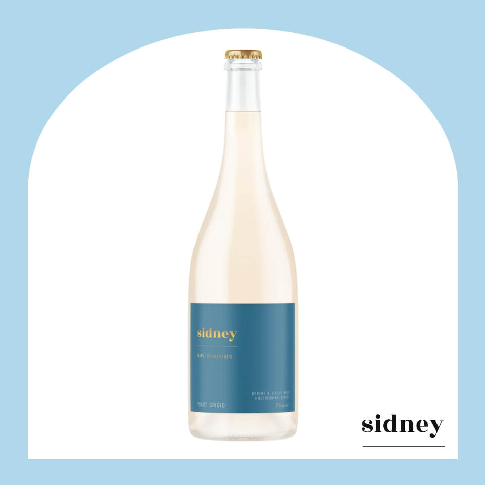 A bottle of wine in a light blue arch frame