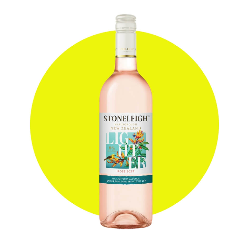 A bottle of rosé wine over a neon yellow circle